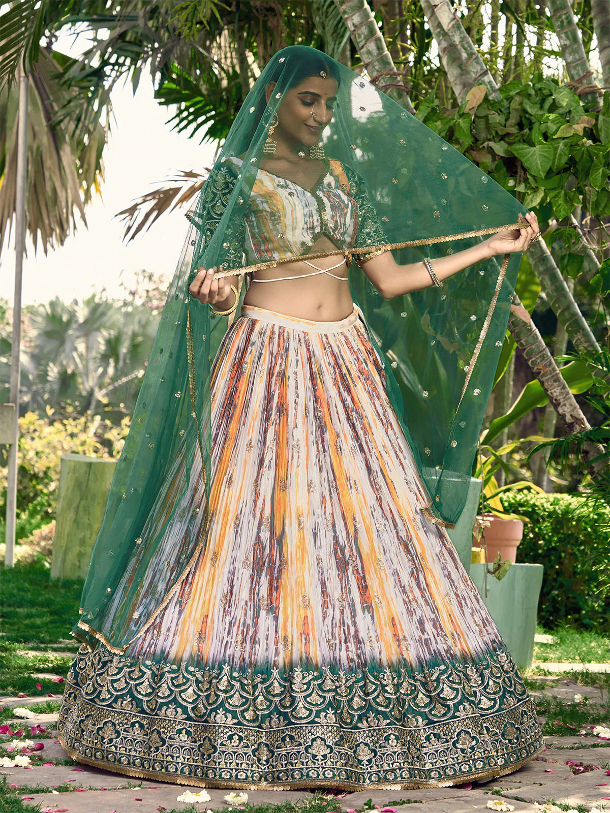 Odette Green Chinon Embellished Semi Stitched Lehenga With Unstitched Blouse For Women - Image 3