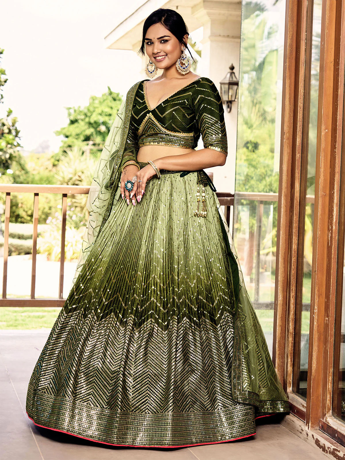 Odette Green Chinon Embellished Semi Stitched Lehenga With Unstitched Blouse For Women - Image 2