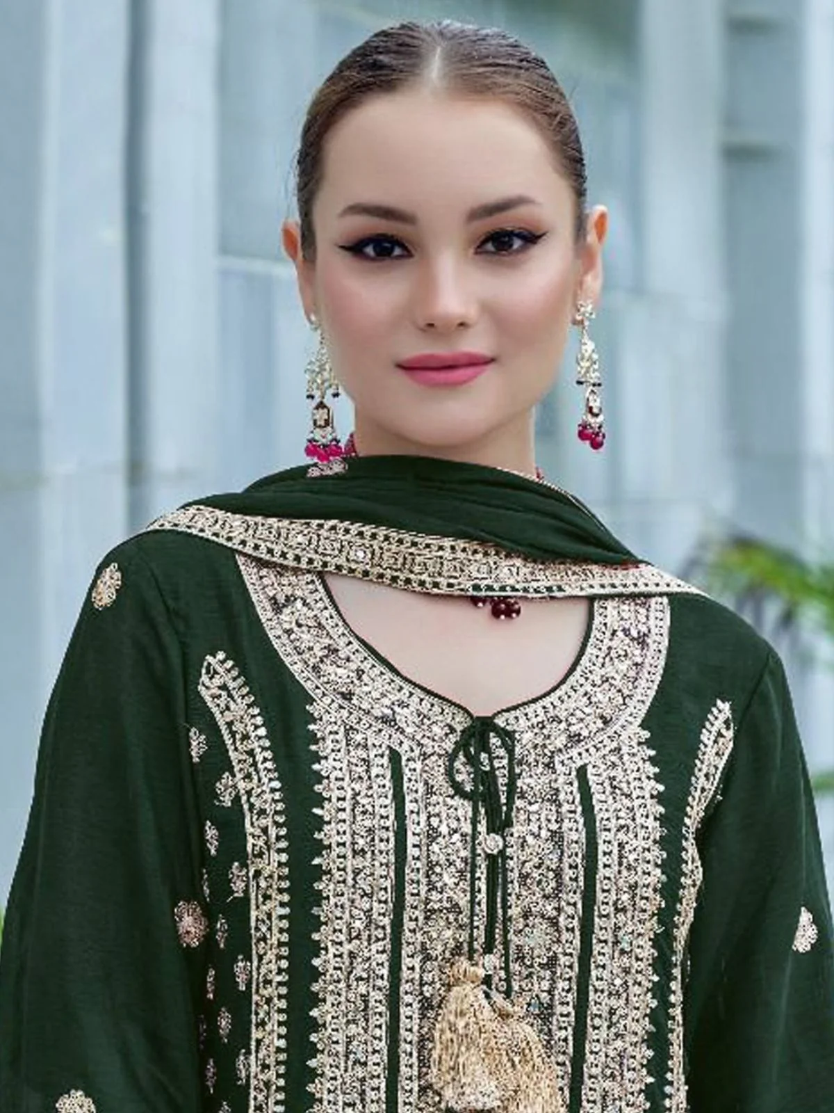 Odette Green Chinon Embroidered Semi-Stitched Kurta Set For Women - Image 2