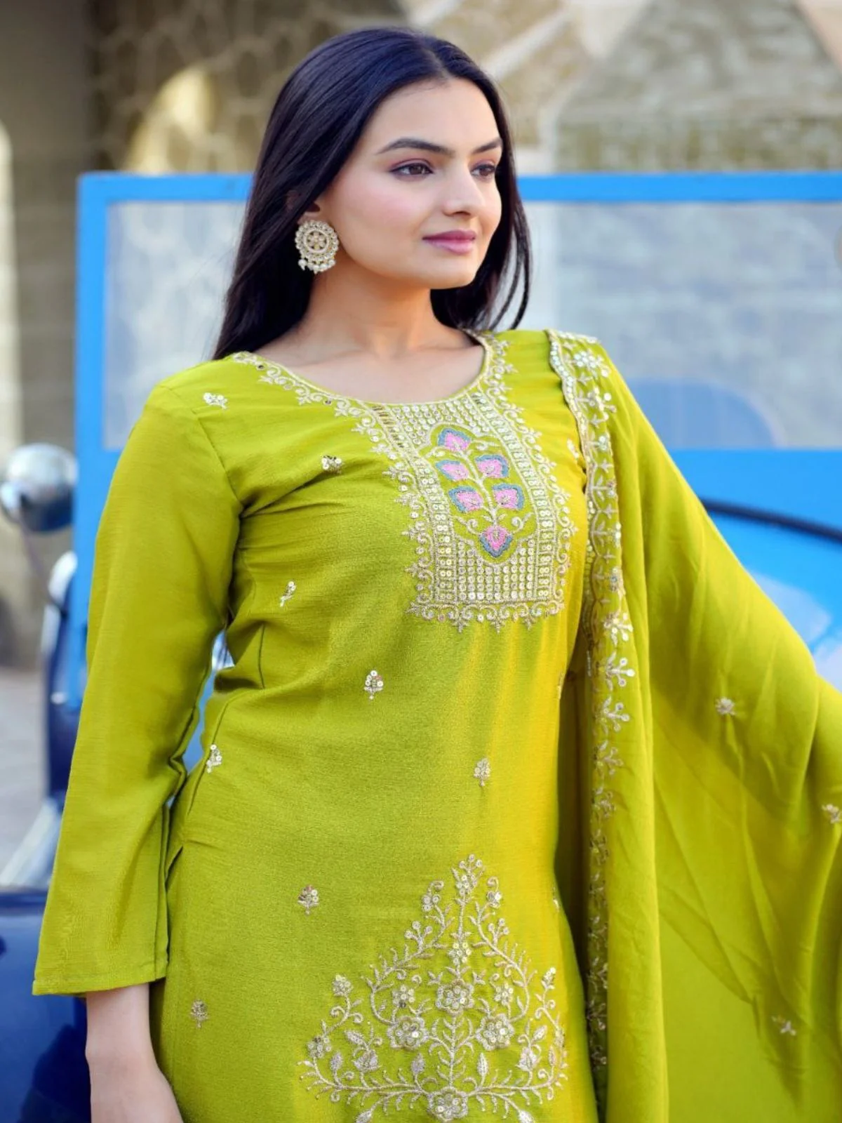 Odette Green Chinon Embroidered Stitched Kurta Set For Women - Image 3
