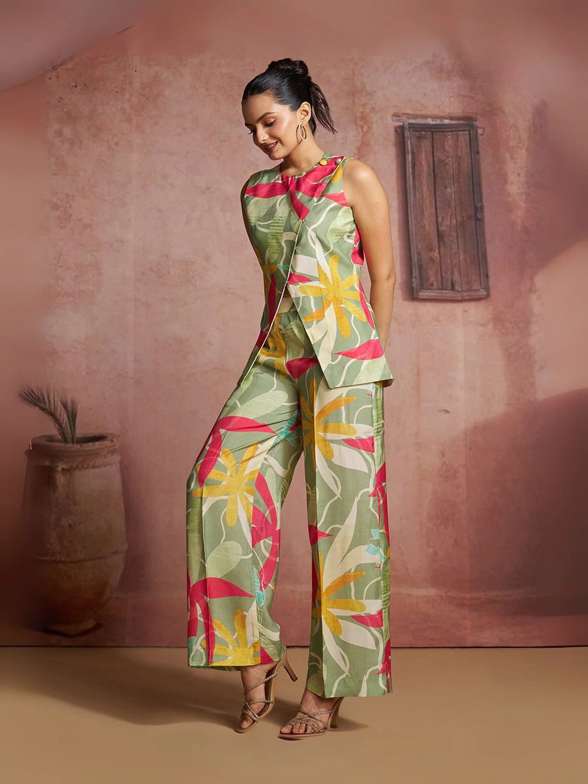 Odette Green Cotton Blend Printed Co-ord Set For Women - Image 3