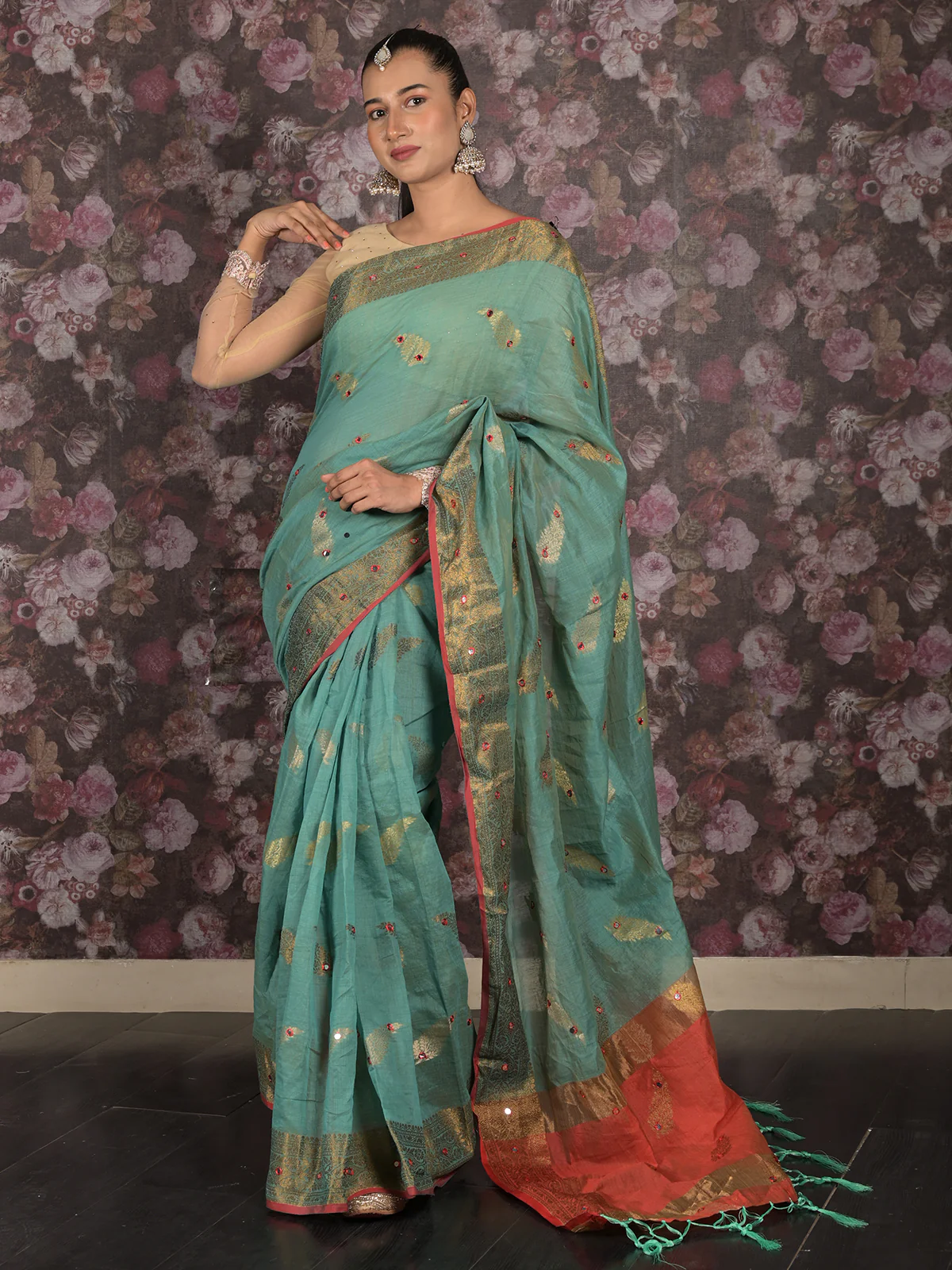 Odette Teal Cotton Blend Woven Saree With Unstitched Blouse For Women - Image 2