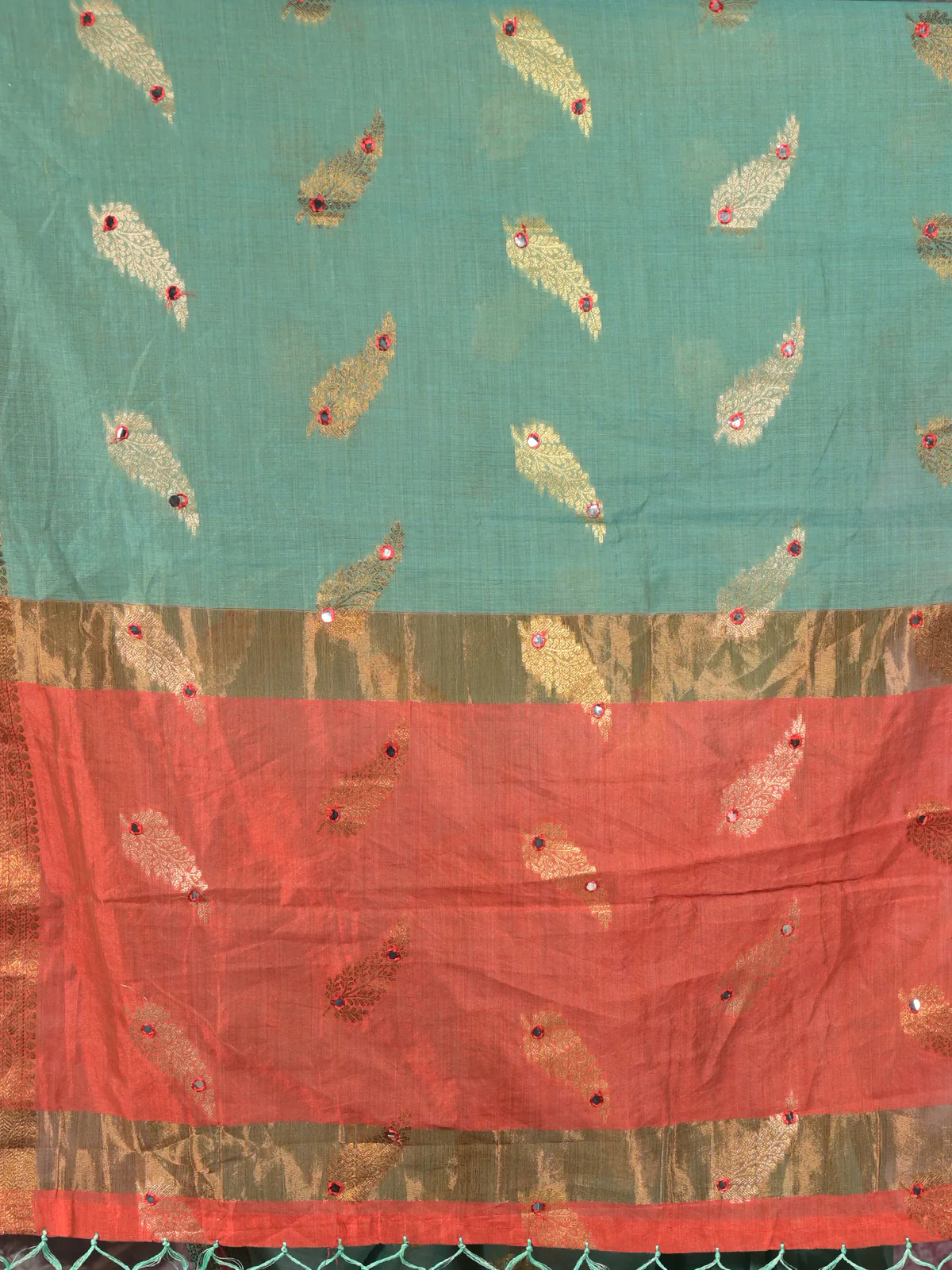 Odette Teal Cotton Blend Woven Saree With Unstitched Blouse For Women - Image 5