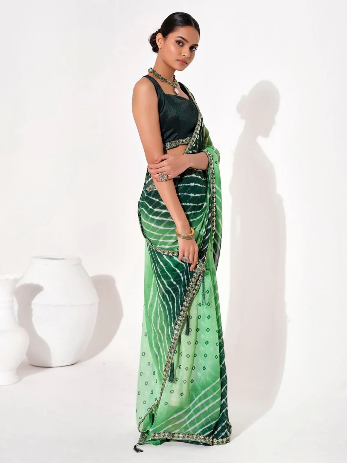 Odette Green Cotton Linen Embroidered Striped Saree For Women - Image 2