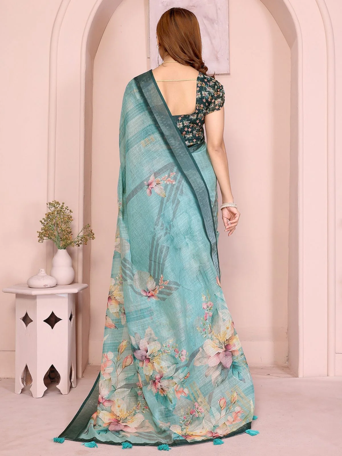Odette Green Cotton Linen Printed Saree For Women - Image 3