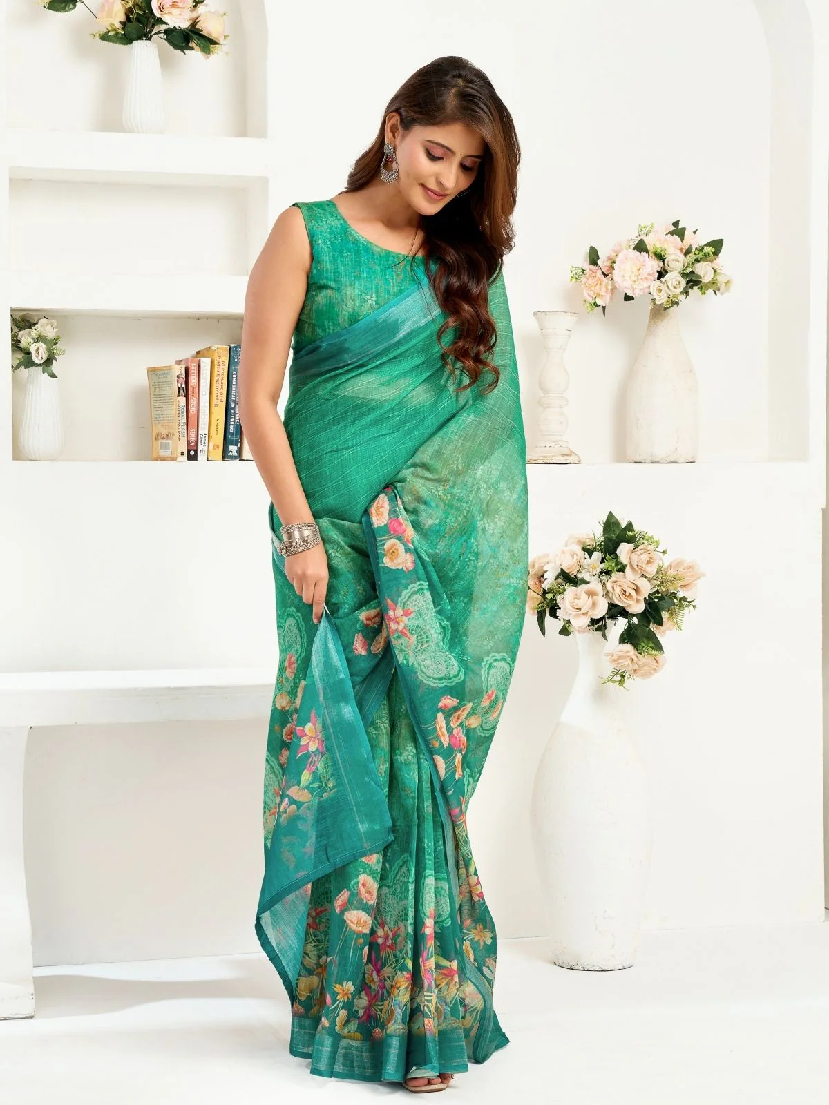 Odette Green Cotton Linen Zari Work Saree For Women - Image 2