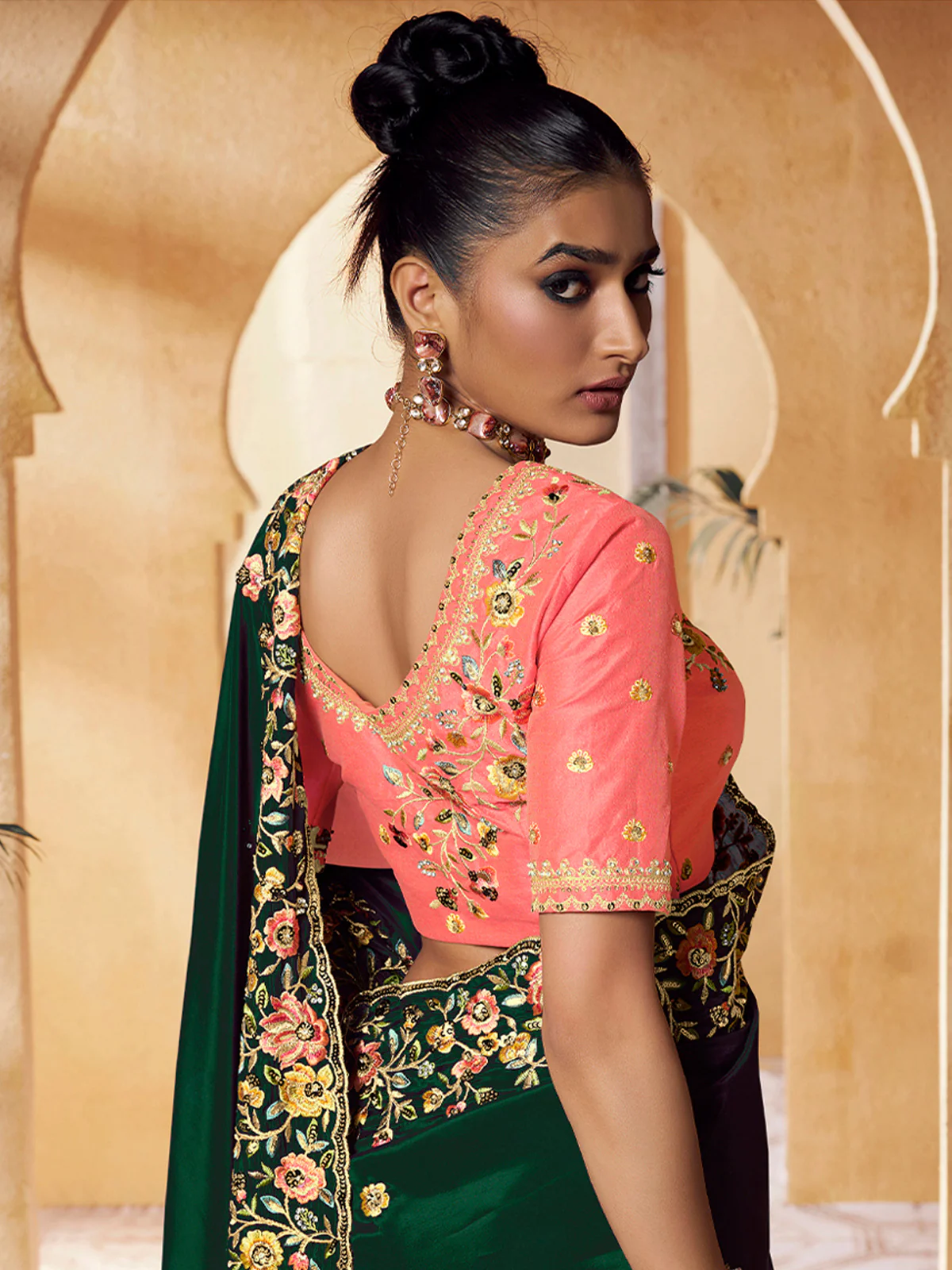 Odette Green Crepe Embroidered Saree with Unstitched Blouse For Women - Image 3