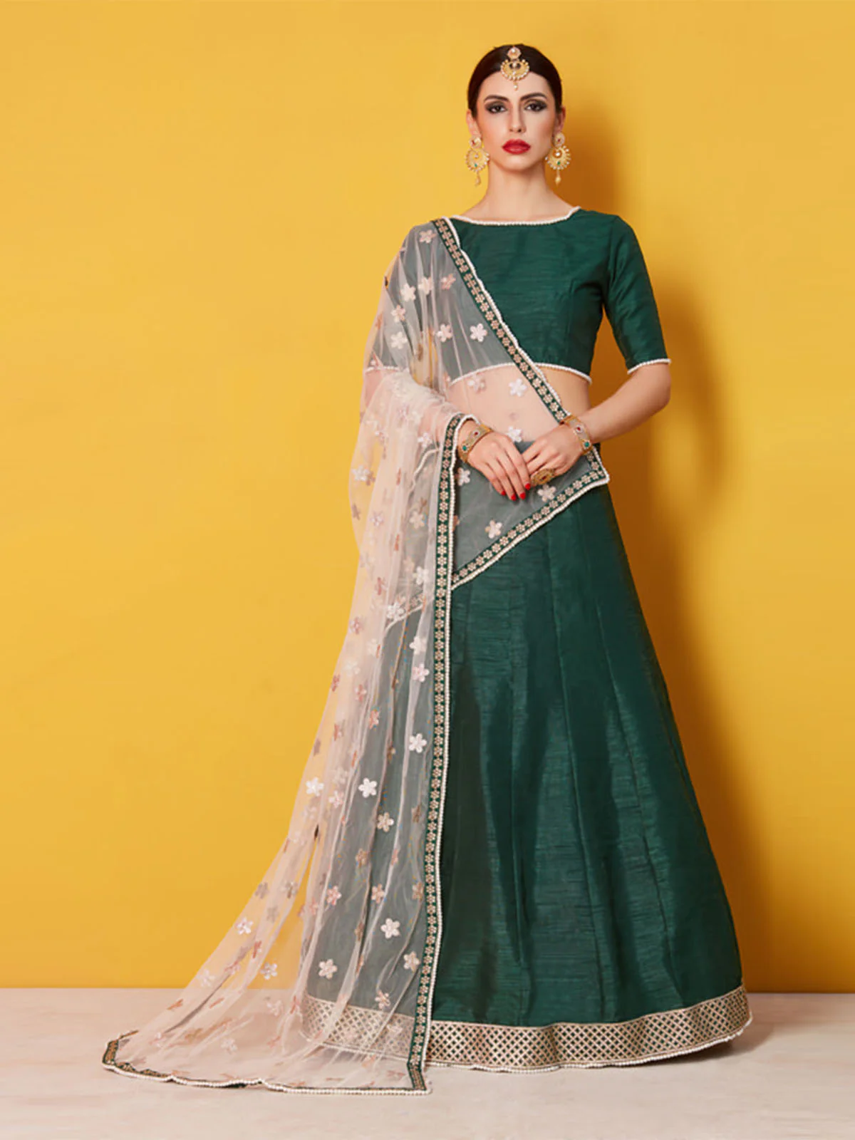 Odette Green Embellished Art Silk Semi Stitched Lehenga With Blouse For Women - Image 2