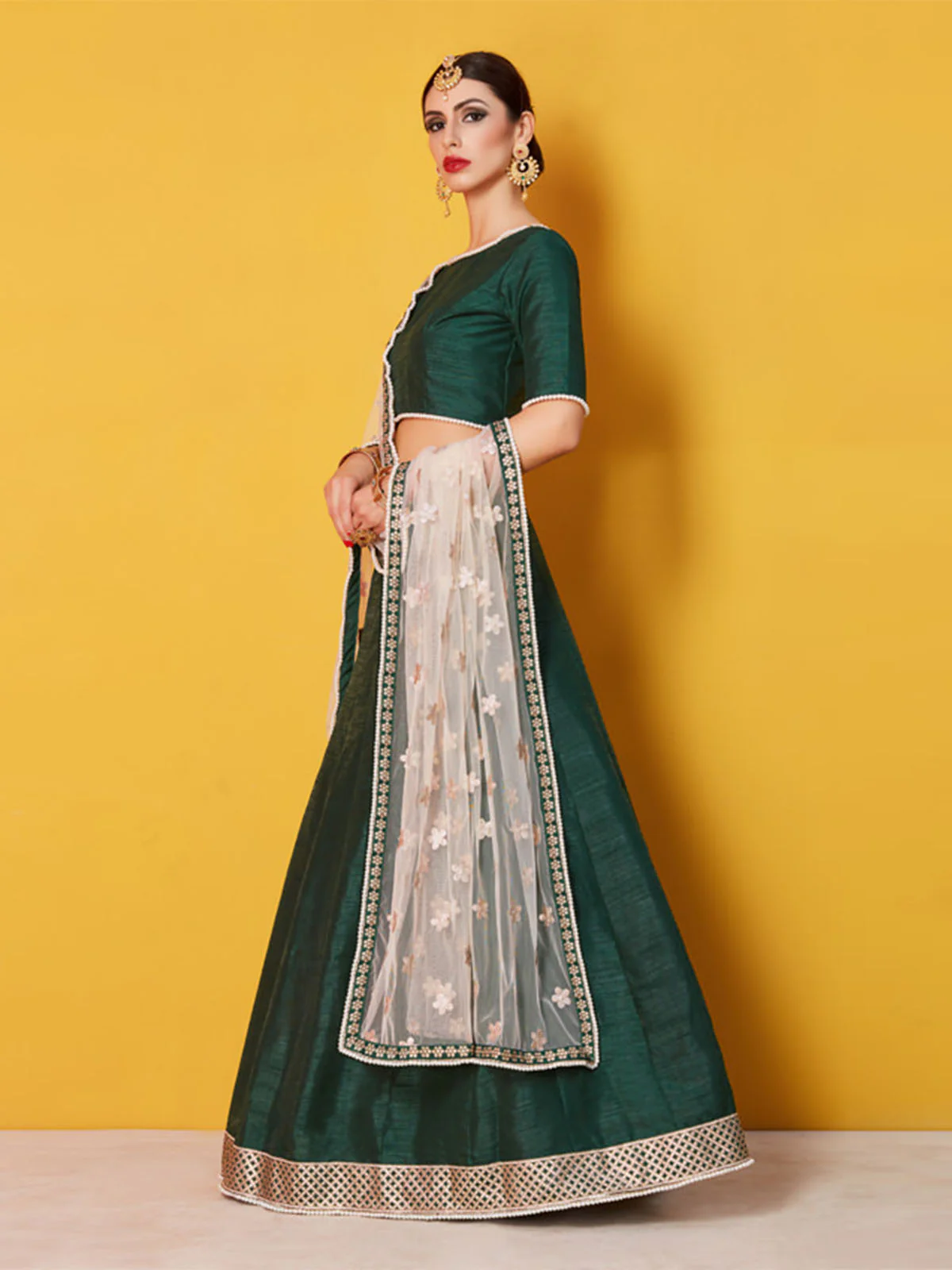 Odette Green Embellished Art Silk Semi Stitched Lehenga With Blouse For Women - Image 3