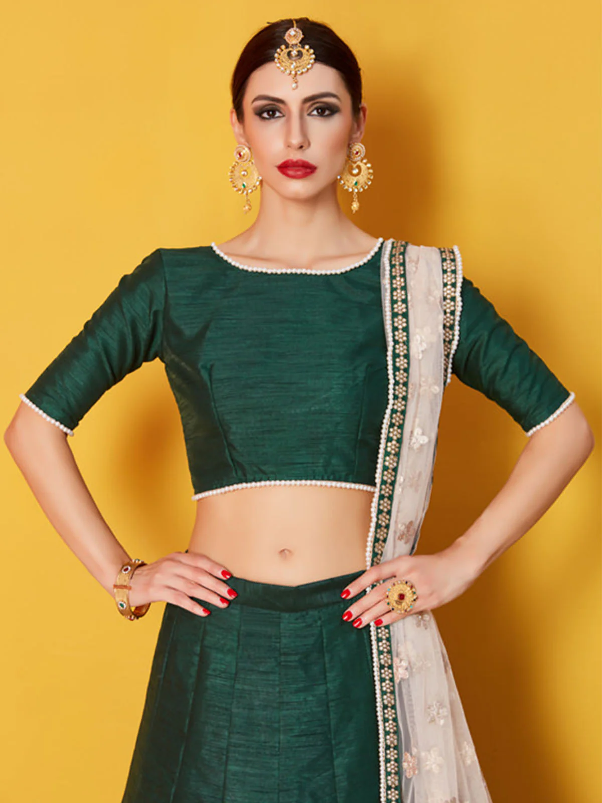 Odette Green Embellished Art Silk Semi Stitched Lehenga With Blouse For Women - Image 5