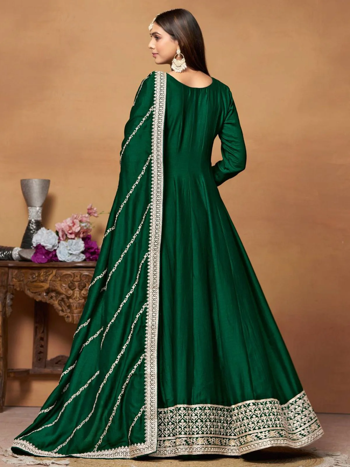 Odette Green Embroidered Art Silk Unstitched Gown For Women - Image 4