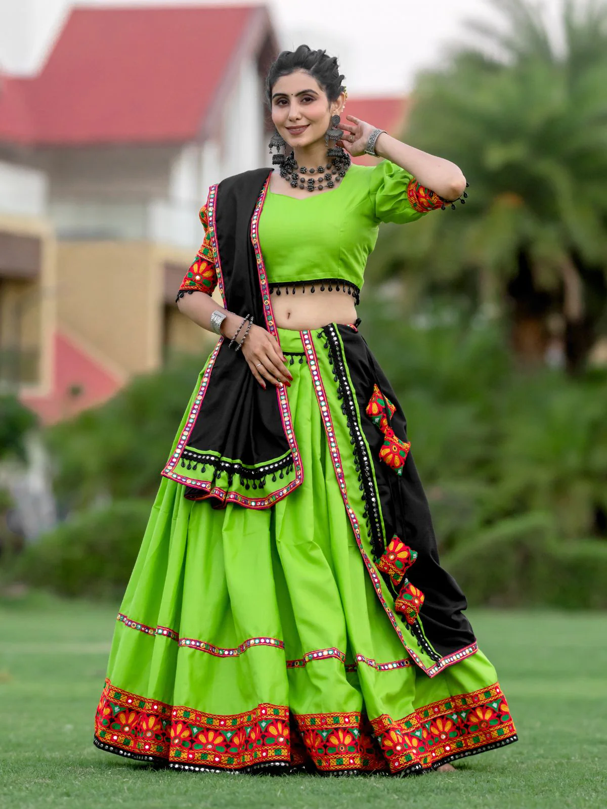 Odette Green Embroidered Cotton Semi Stitched Lehenga With Unstitched Blouse For Women - Image 2