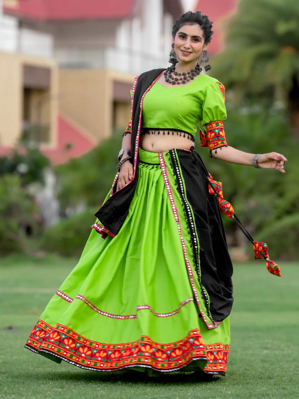 Odette Green Embroidered Cotton Semi Stitched Lehenga With Unstitched Blouse For Women - Image 3