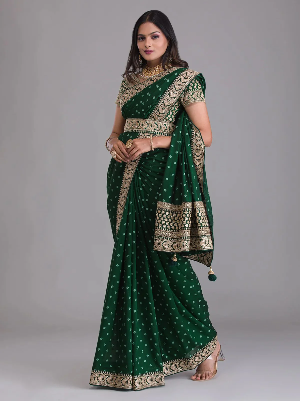 Odette Green Embroidered Georgette Saree With Unstitched Blouse For Women - Image 2