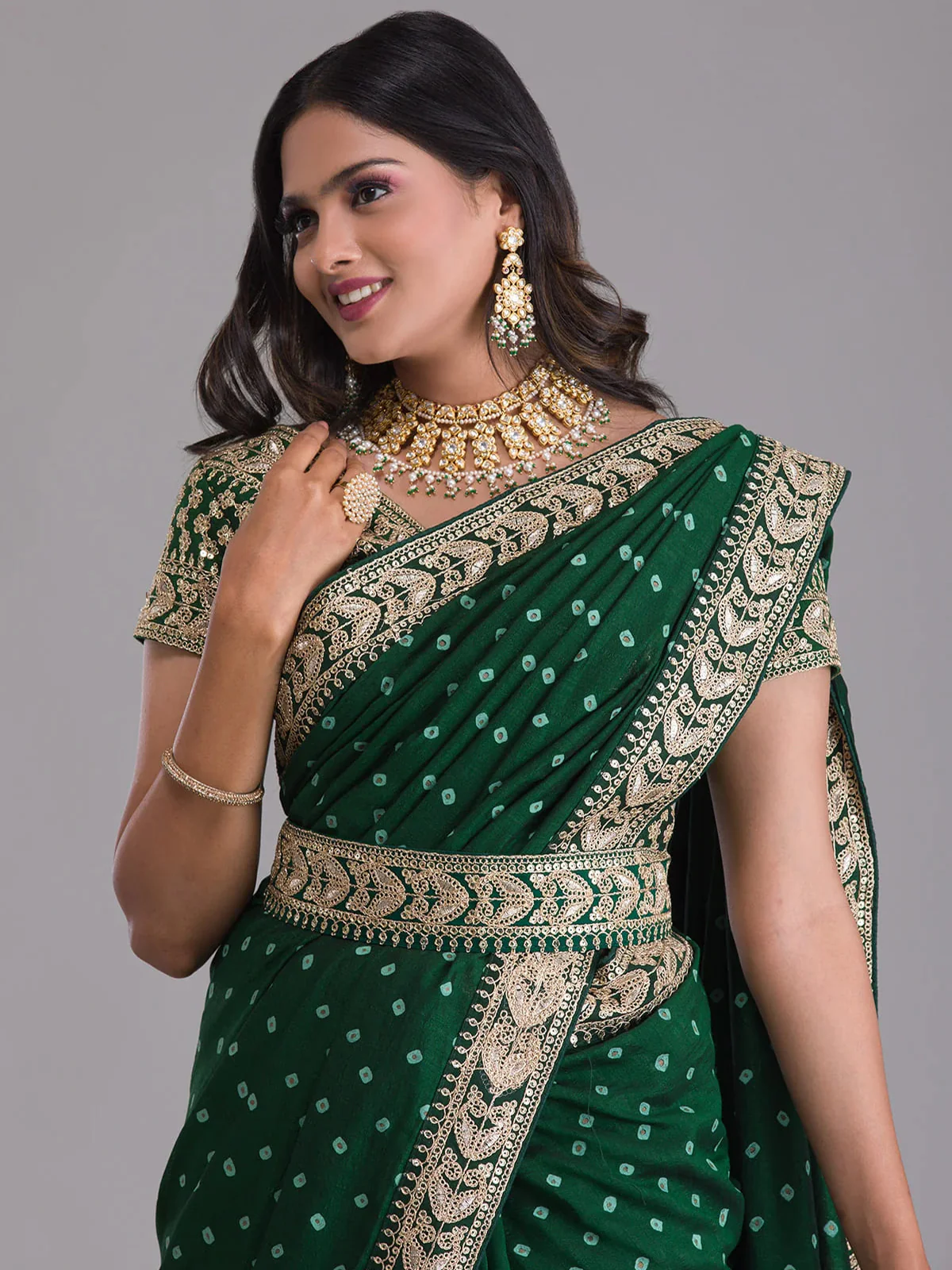 Odette Green Embroidered Georgette Saree With Unstitched Blouse For Women - Image 5