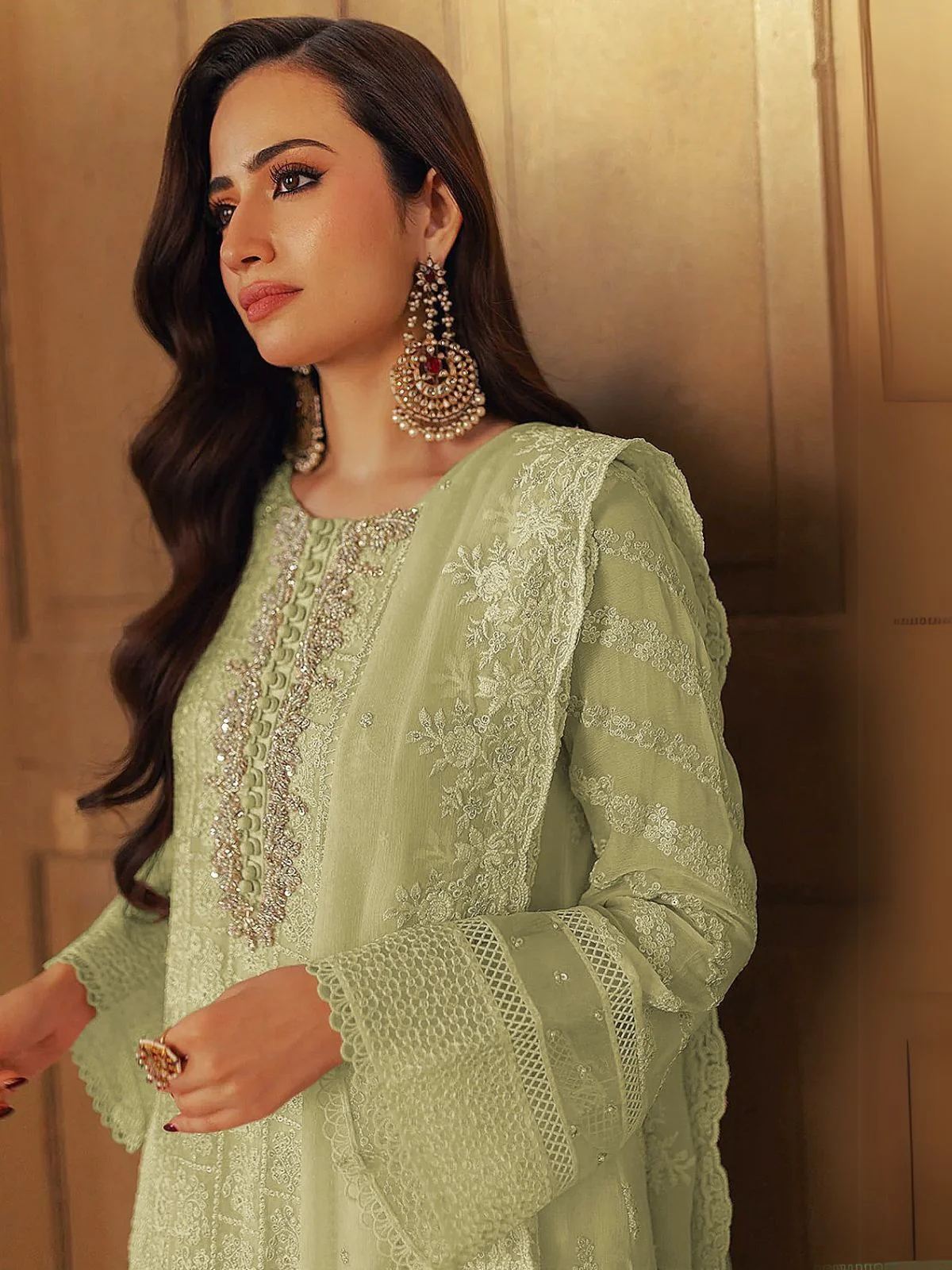 Odette Light Green Embroidered Georgette Semi-Stitched Kurta Set For Women - Image 2