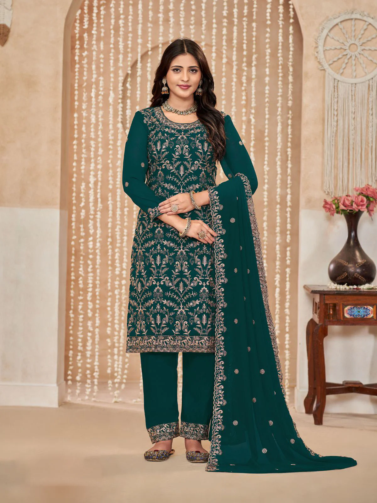Odette Green Embroidered Georgette Semi Stitched Kurta Set With Dupatta For Women - Image 2
