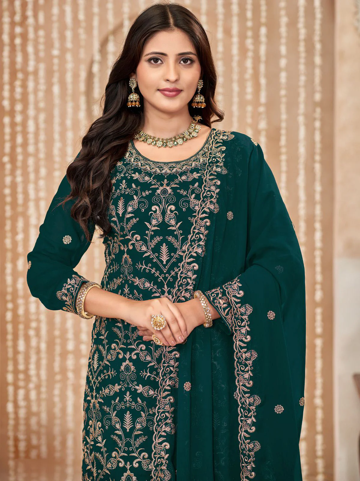 Odette Green Embroidered Georgette Semi Stitched Kurta Set With Dupatta For Women - Image 4