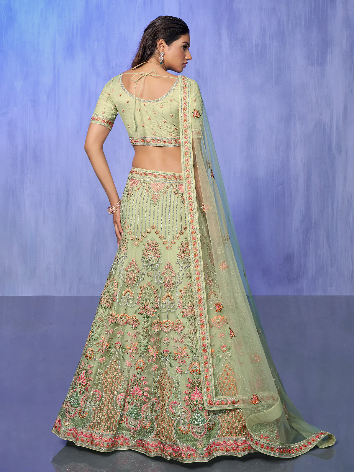Odette Green Embroidered Net Semi Stitched Lehenga With Unstitched Blouse  For Women - Image 4