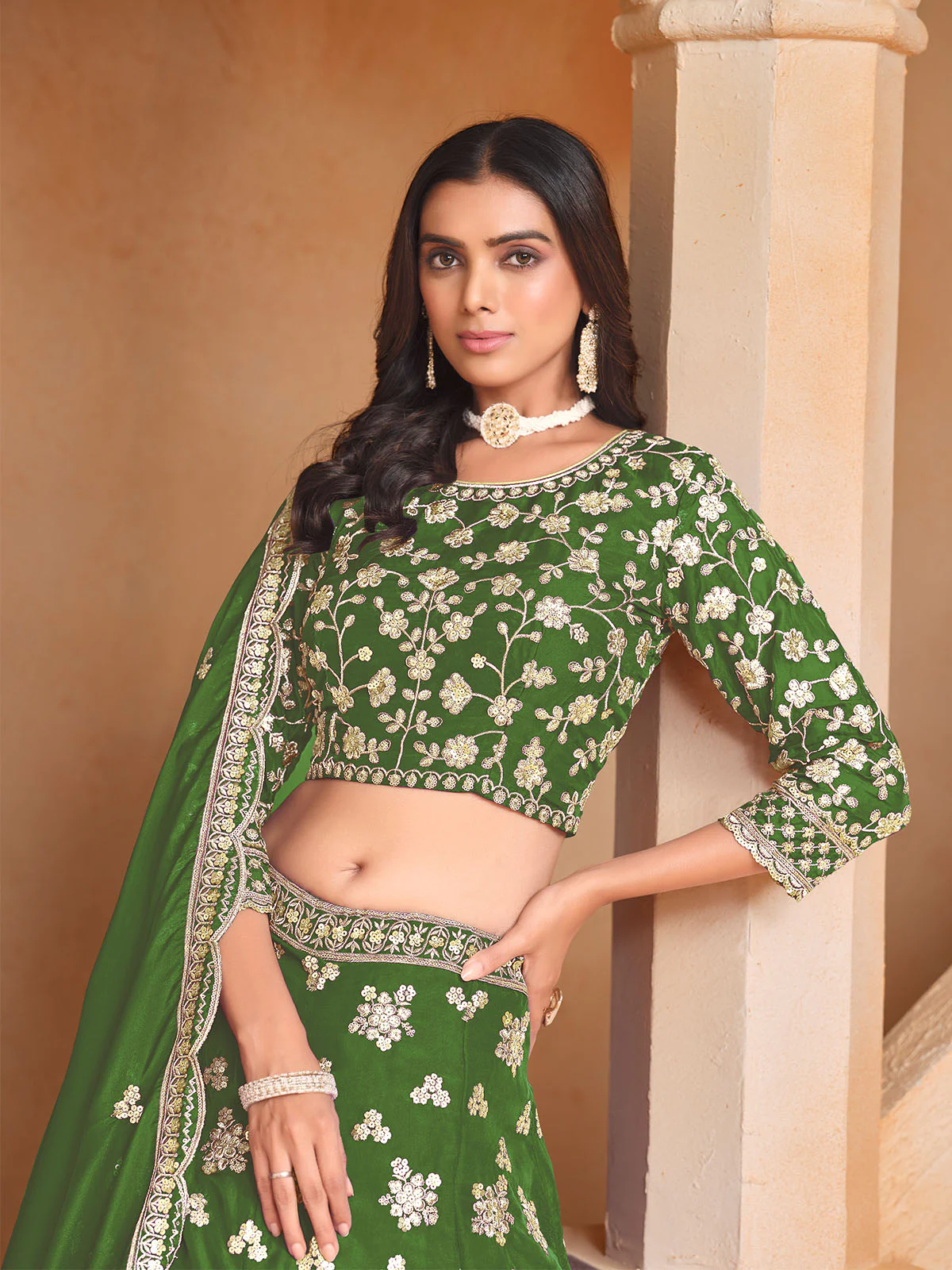 Odette Green Embroidered Organza Semi Stitched Lehenga With Unstitched Blouse For Women - Image 3