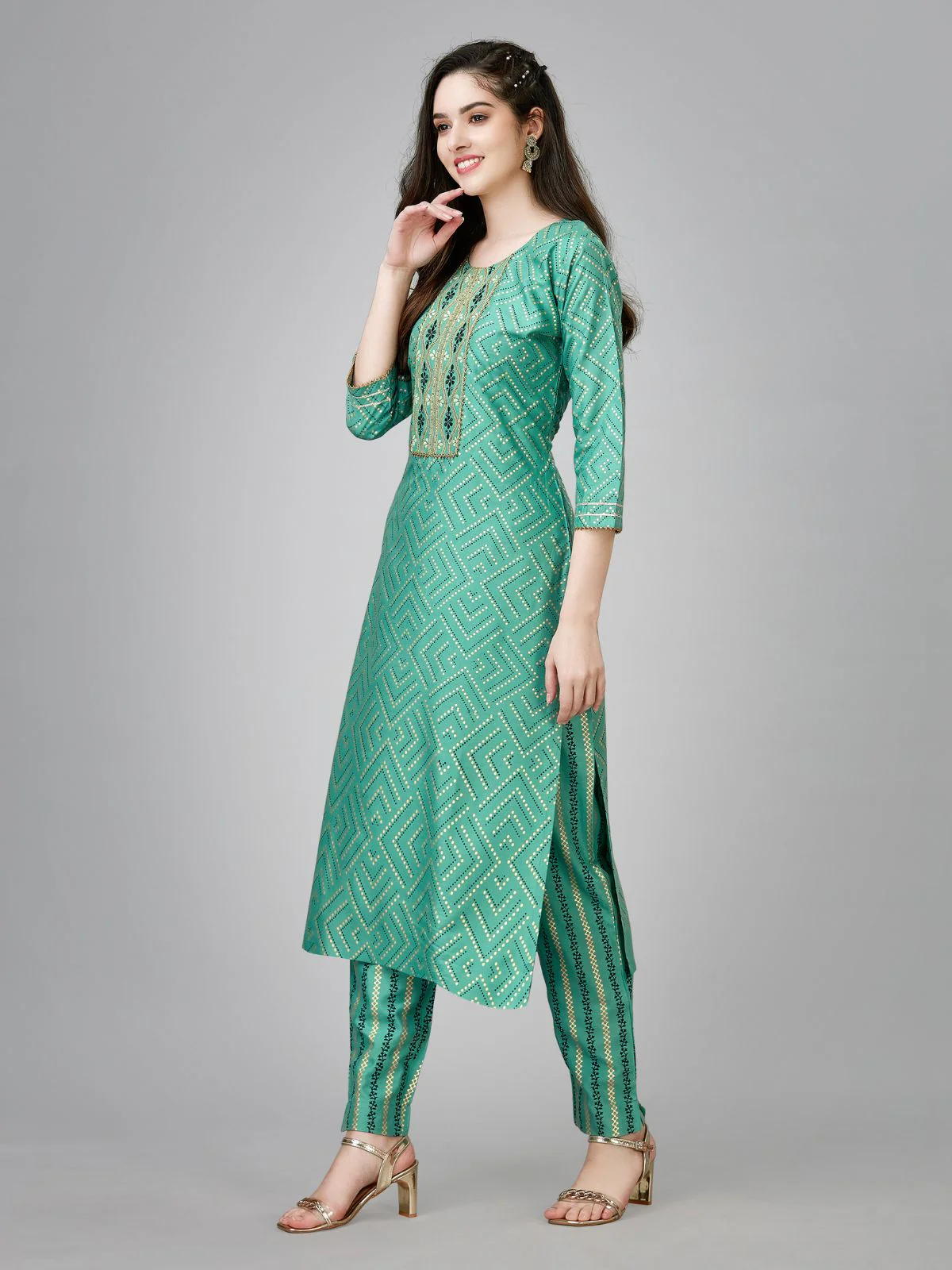 Odette Green Embroidered Rayon Stitched Kurta Set For Women - Image 2