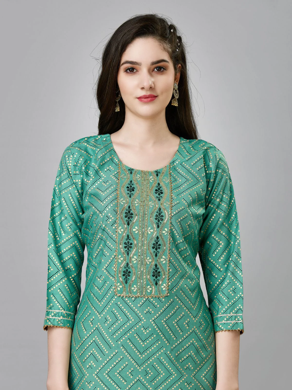 Odette Green Embroidered Rayon Stitched Kurta Set For Women - Image 3