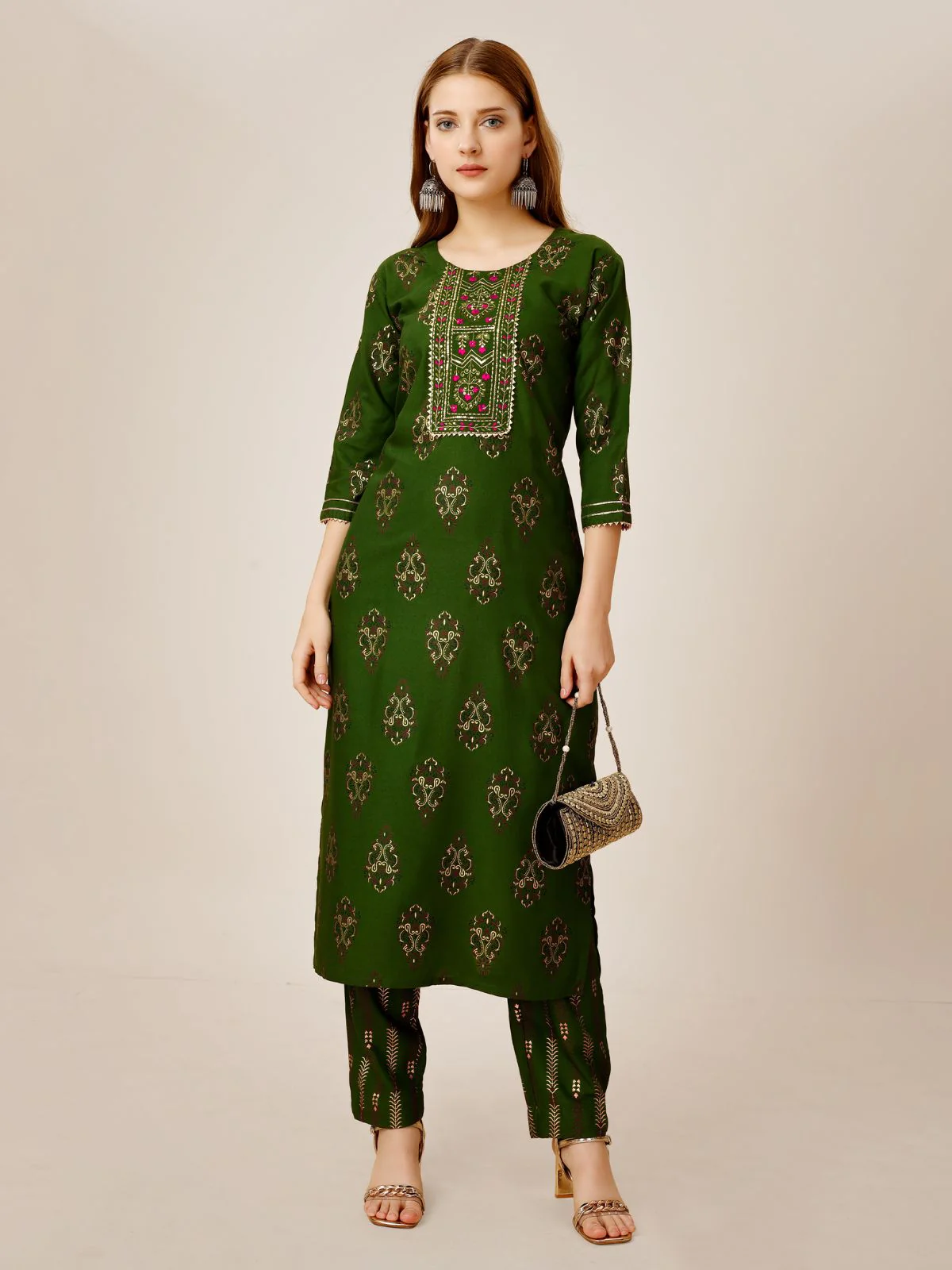 Odette Green Embroidered Rayon Stitched Kurta Set For Women - Image 2