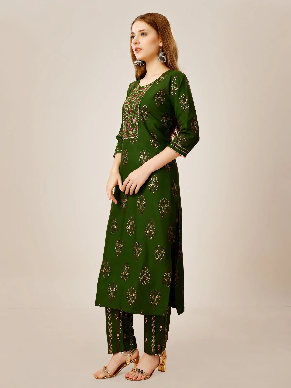 Odette Green Embroidered Rayon Stitched Kurta Set For Women - Image 3