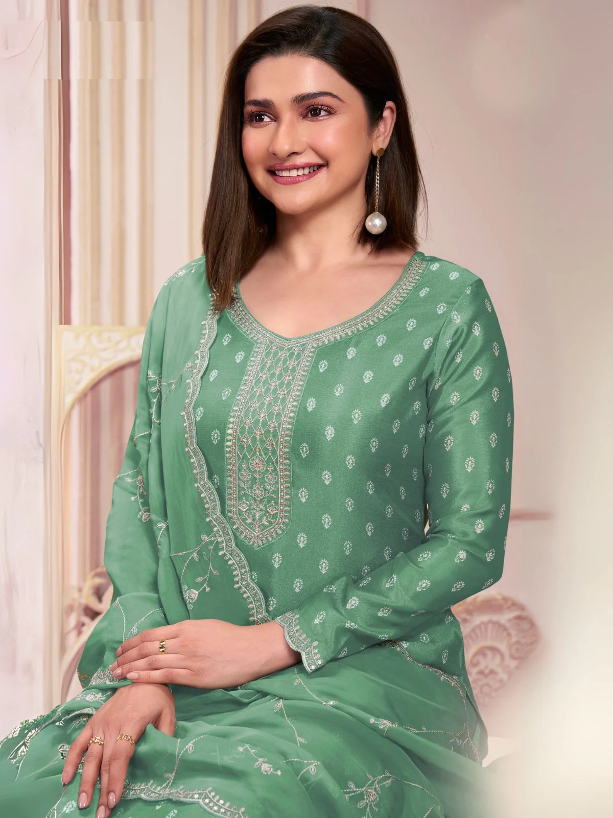 Odette Green Embroidered Silk Blend Semi-Stitched Kurta Set  For Women - Image 2