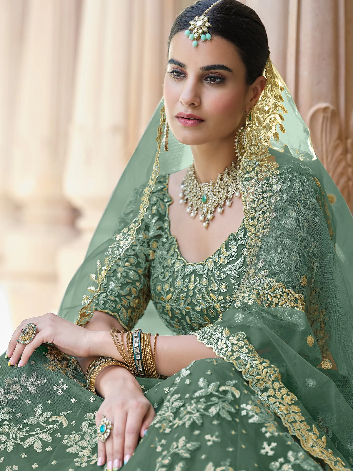 Odette Green Embroidered Soft Net Semi Stitched Lehenga With Blouse For Women - Image 2
