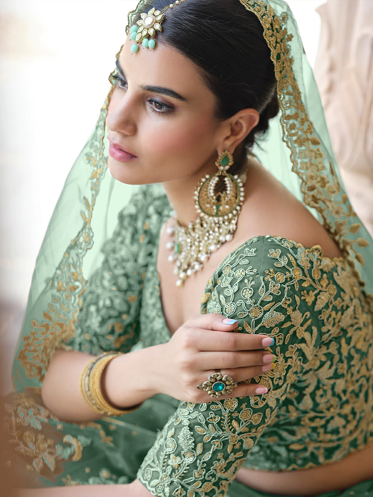 Odette Green Embroidered Soft Net Semi Stitched Lehenga With Blouse For Women - Image 4