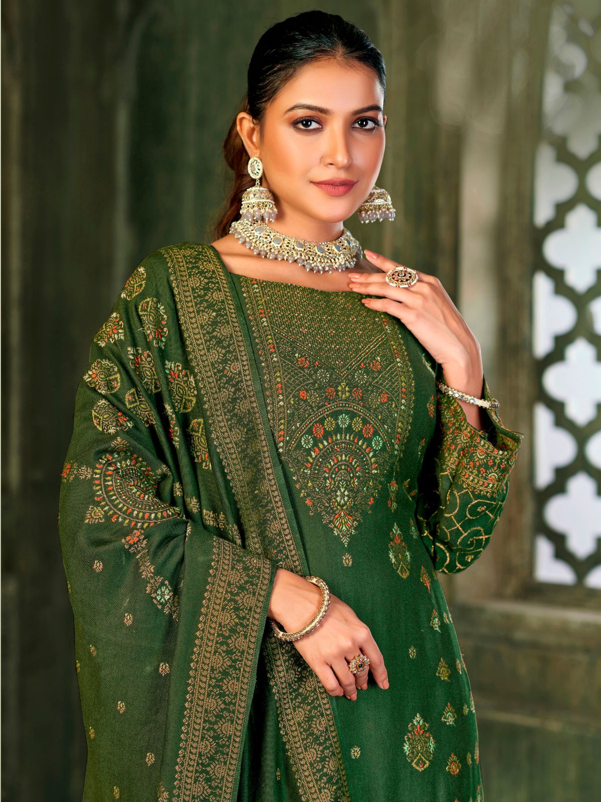 Odette Green Embroidered Viscose Semi Stitched Kurta Set For Women - Image 2