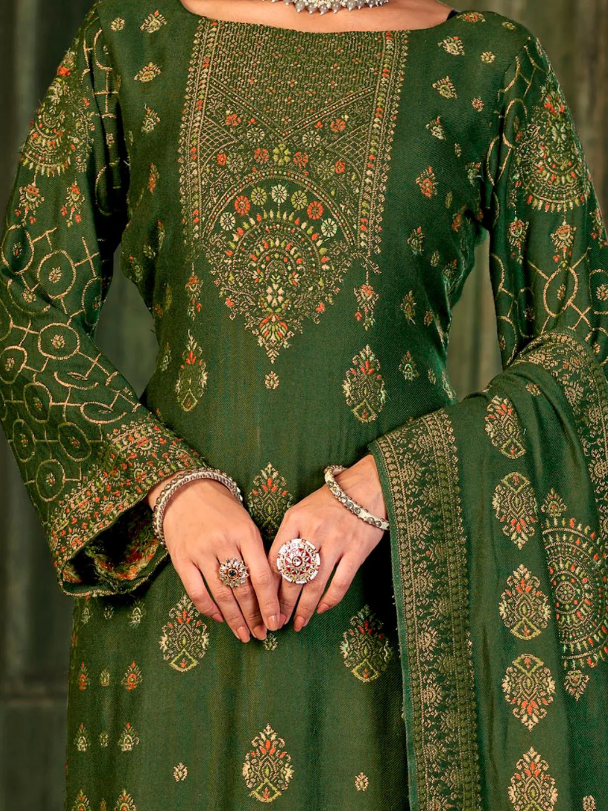 Odette Green Embroidered Viscose Semi Stitched Kurta Set For Women - Image 3