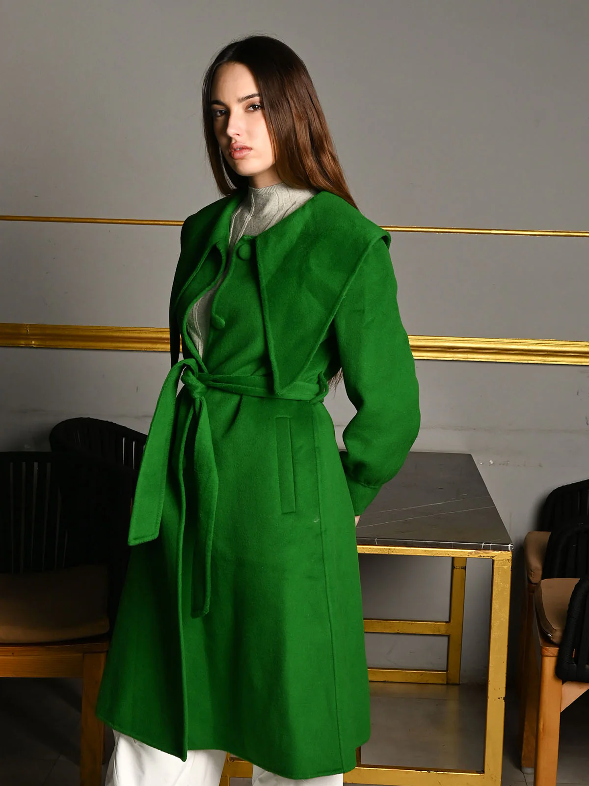 Odette Green Felt Solid Longline Overcoat With Belt For Women - Image 3