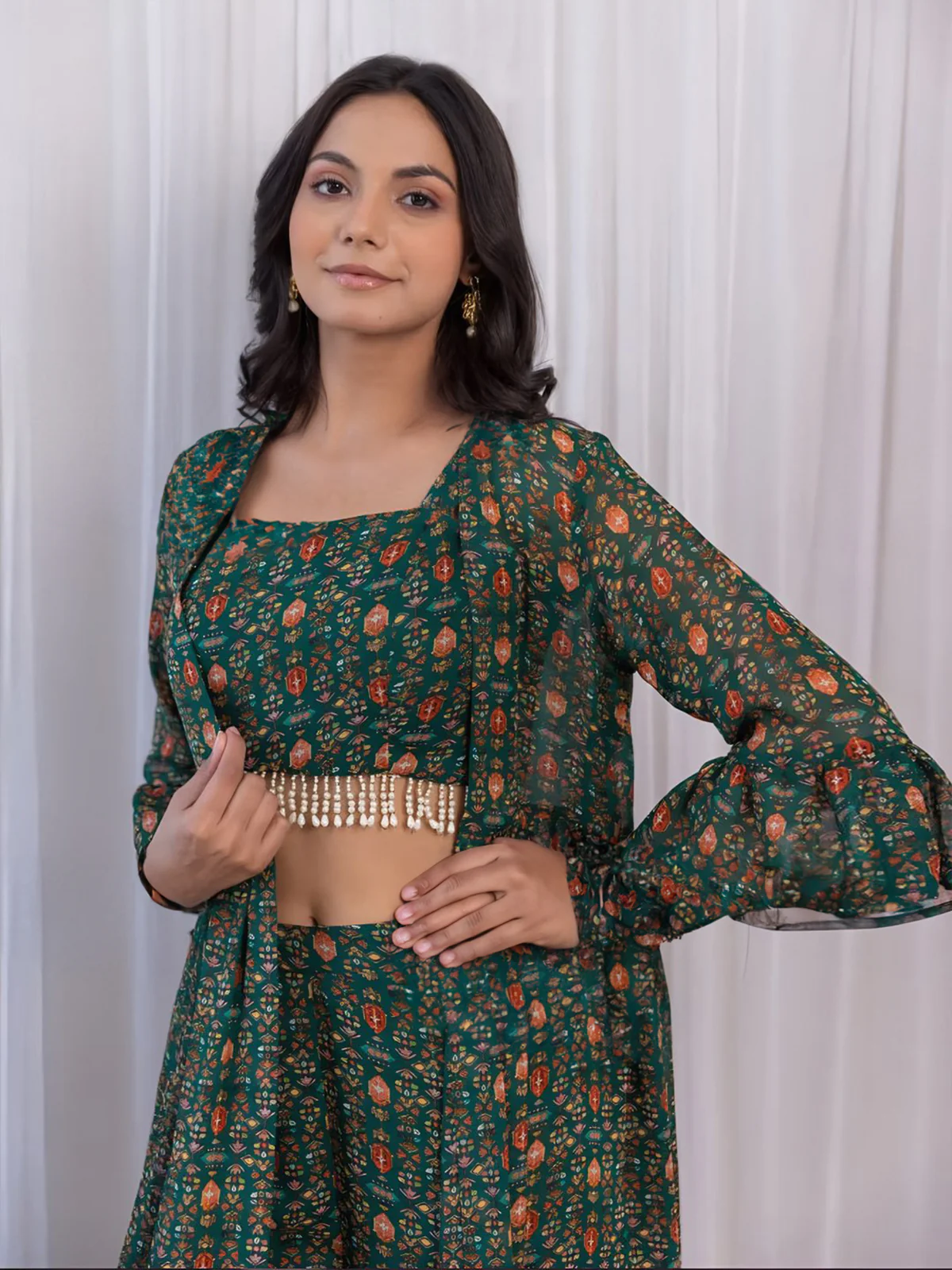 Odette Green Georgette Co-Ord Set With Shrug For Women - Image 4