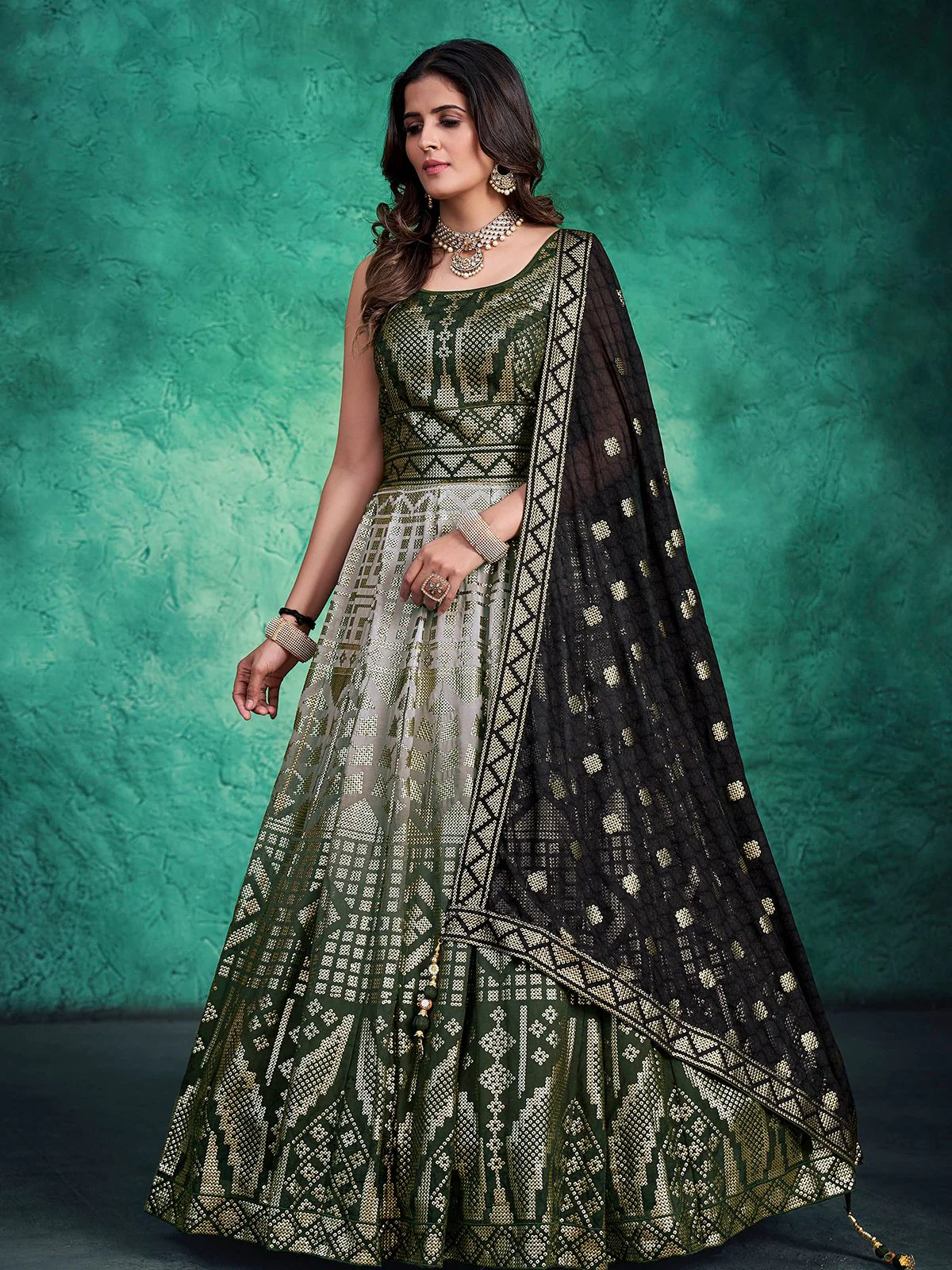 Odette Green Georgette Embellished Stitched Gown For Women - Image 2