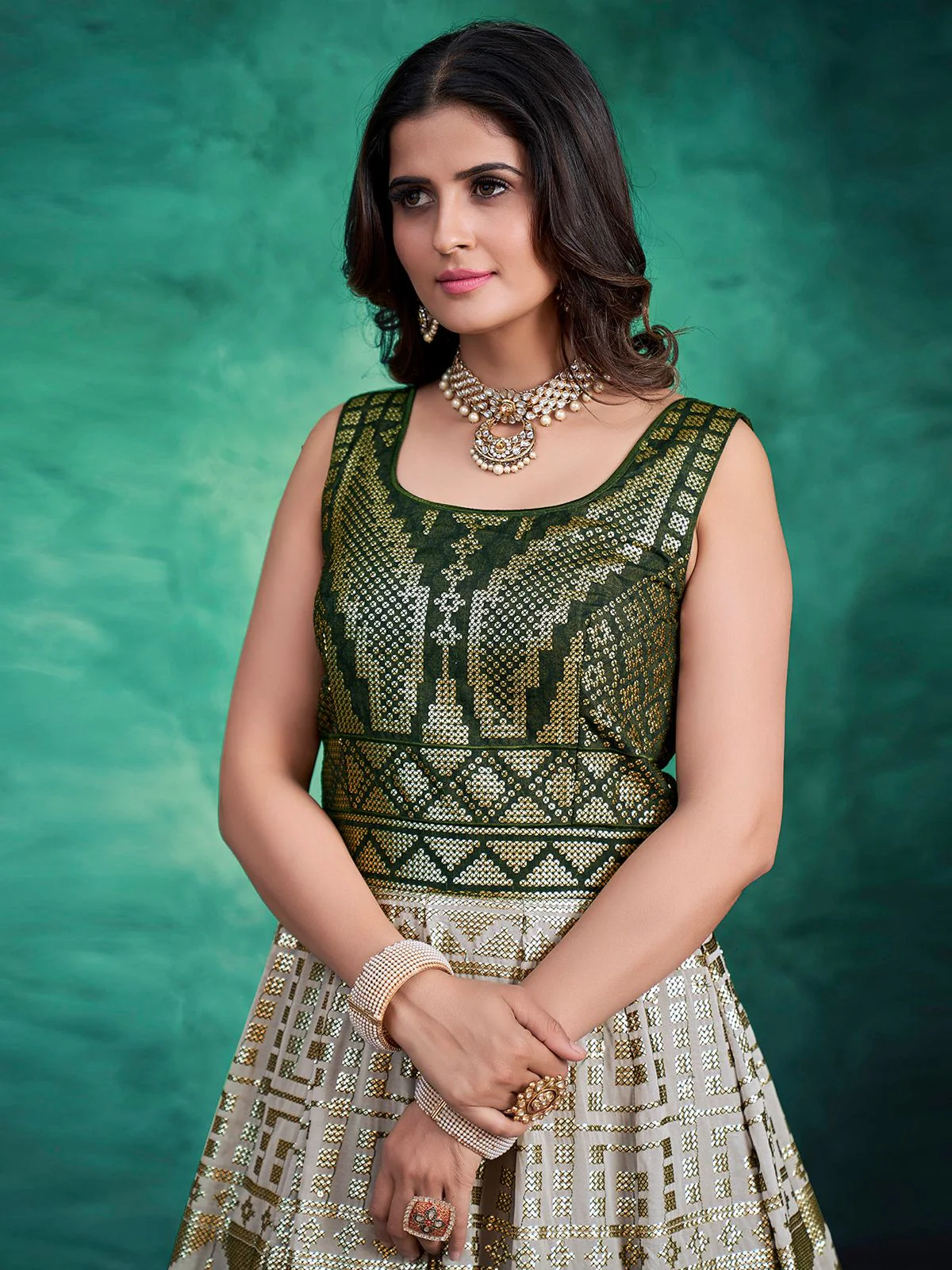 Odette Green Georgette Embellished Stitched Gown For Women - Image 3
