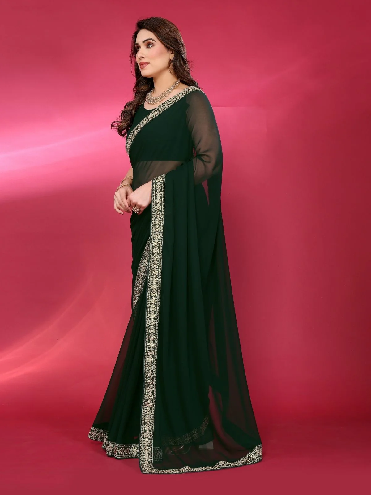 Odette Green Georgette Embellished Saree For Women - Image 2
