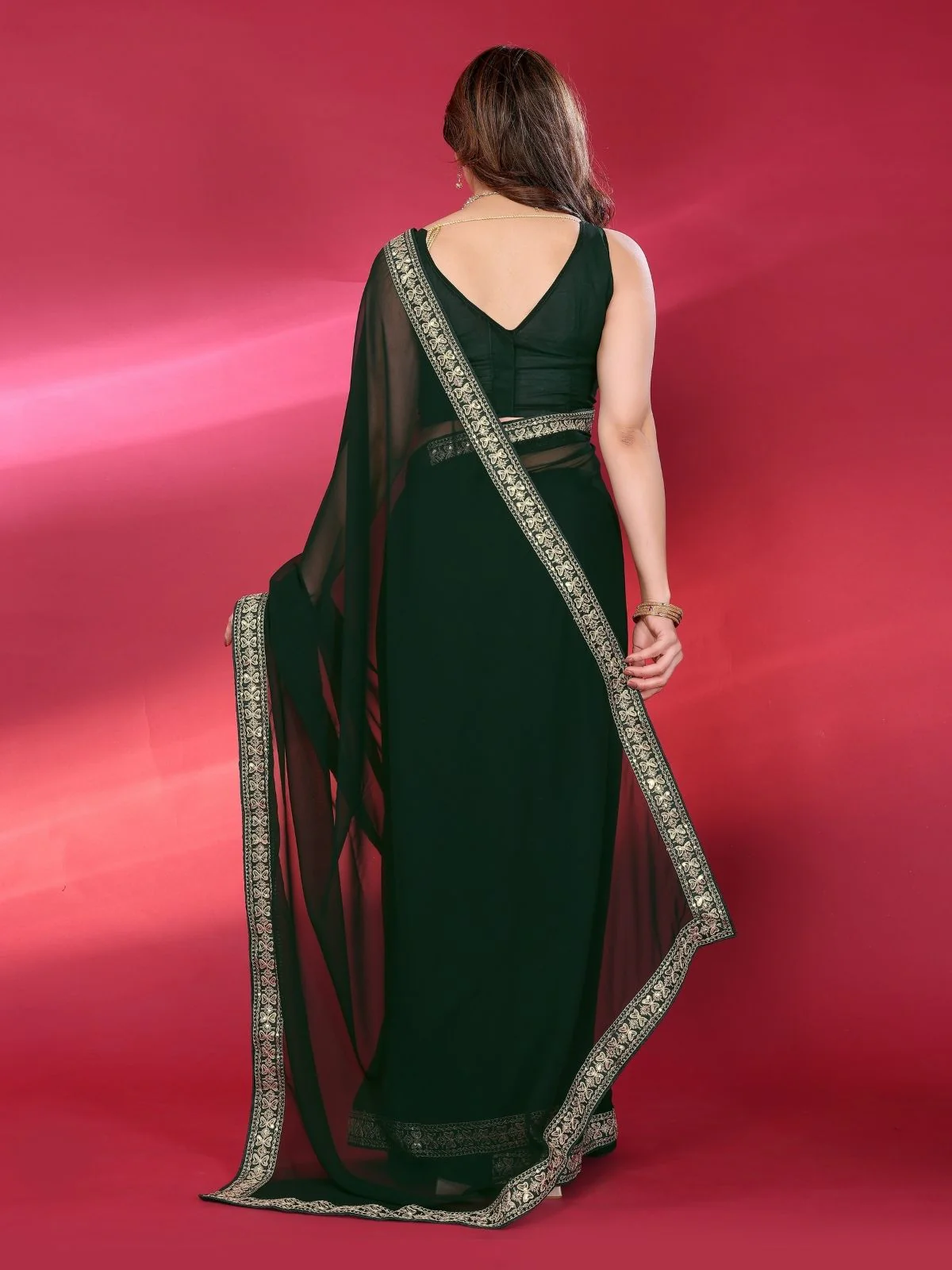Odette Green Georgette Embellished Saree For Women - Image 3