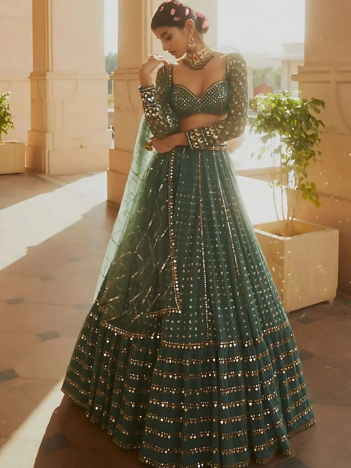 Odette Green Georgette Embellished Semi-Stitched lehenga For Women - Image 2