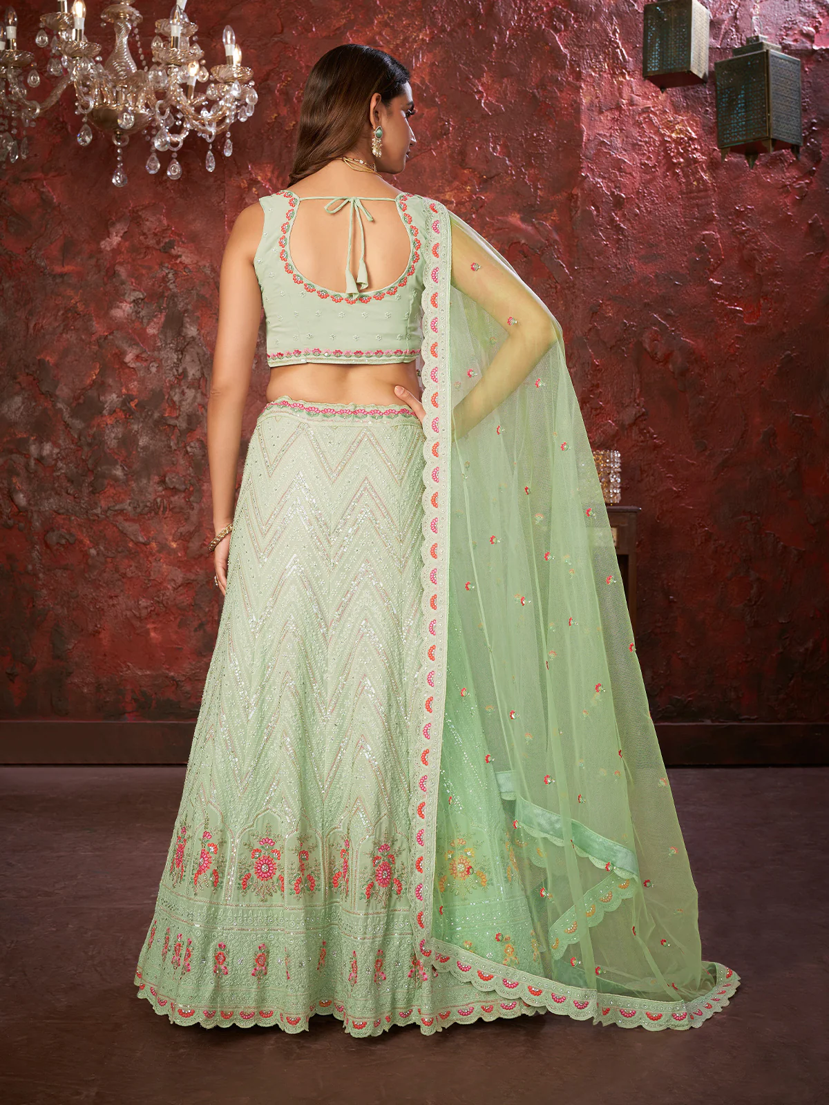 Odette Green Georgette Embellished Semi Stitched Lehenga With Unstitched Blouse for Women - Image 3