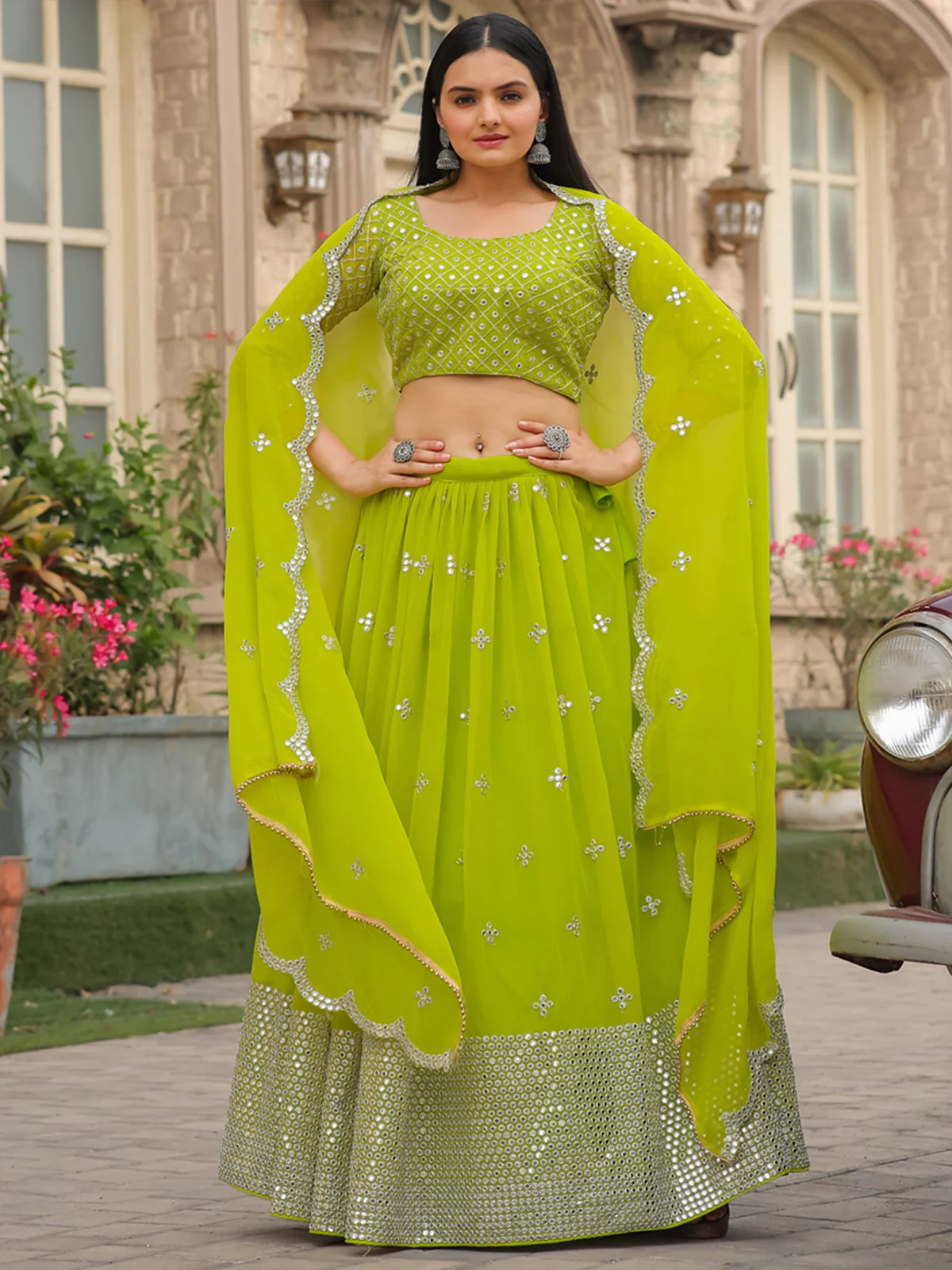 Odette Green Georgette Embellished Semi Stitched Lehenga With Unstitched Blouse For Women - Image 2