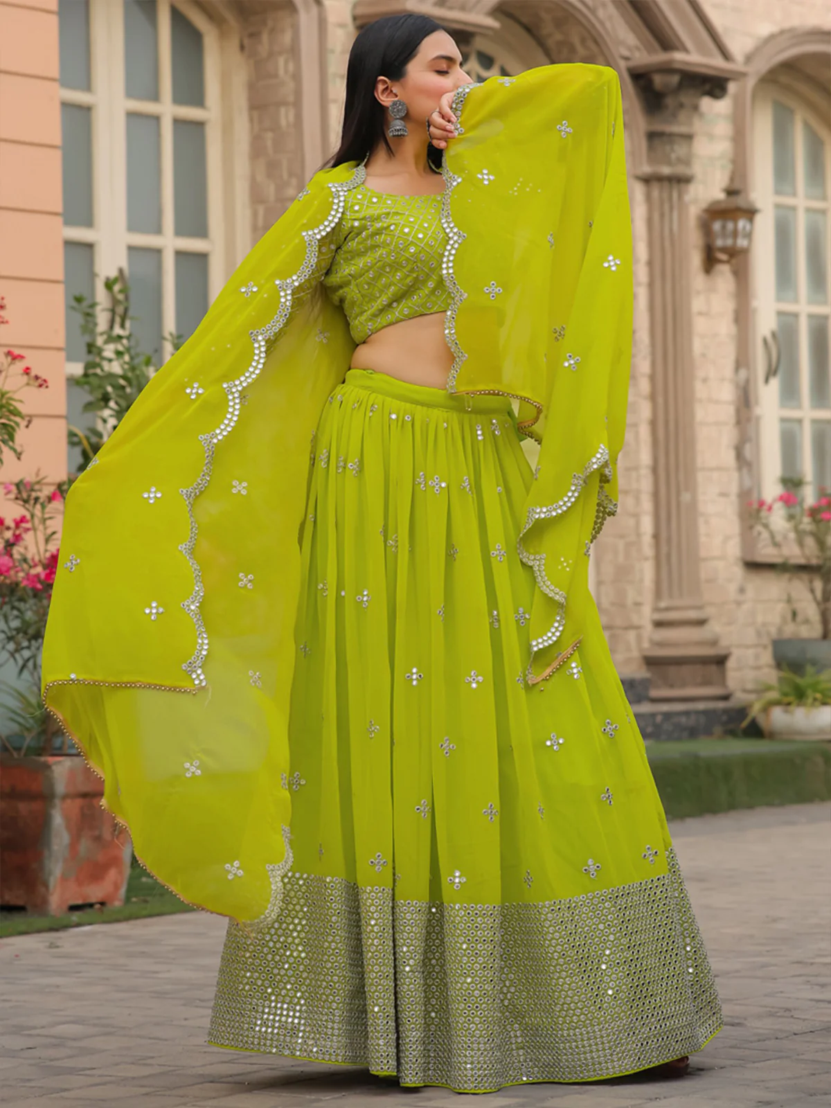 Odette Green Georgette Embellished Semi Stitched Lehenga With Unstitched Blouse For Women - Image 5