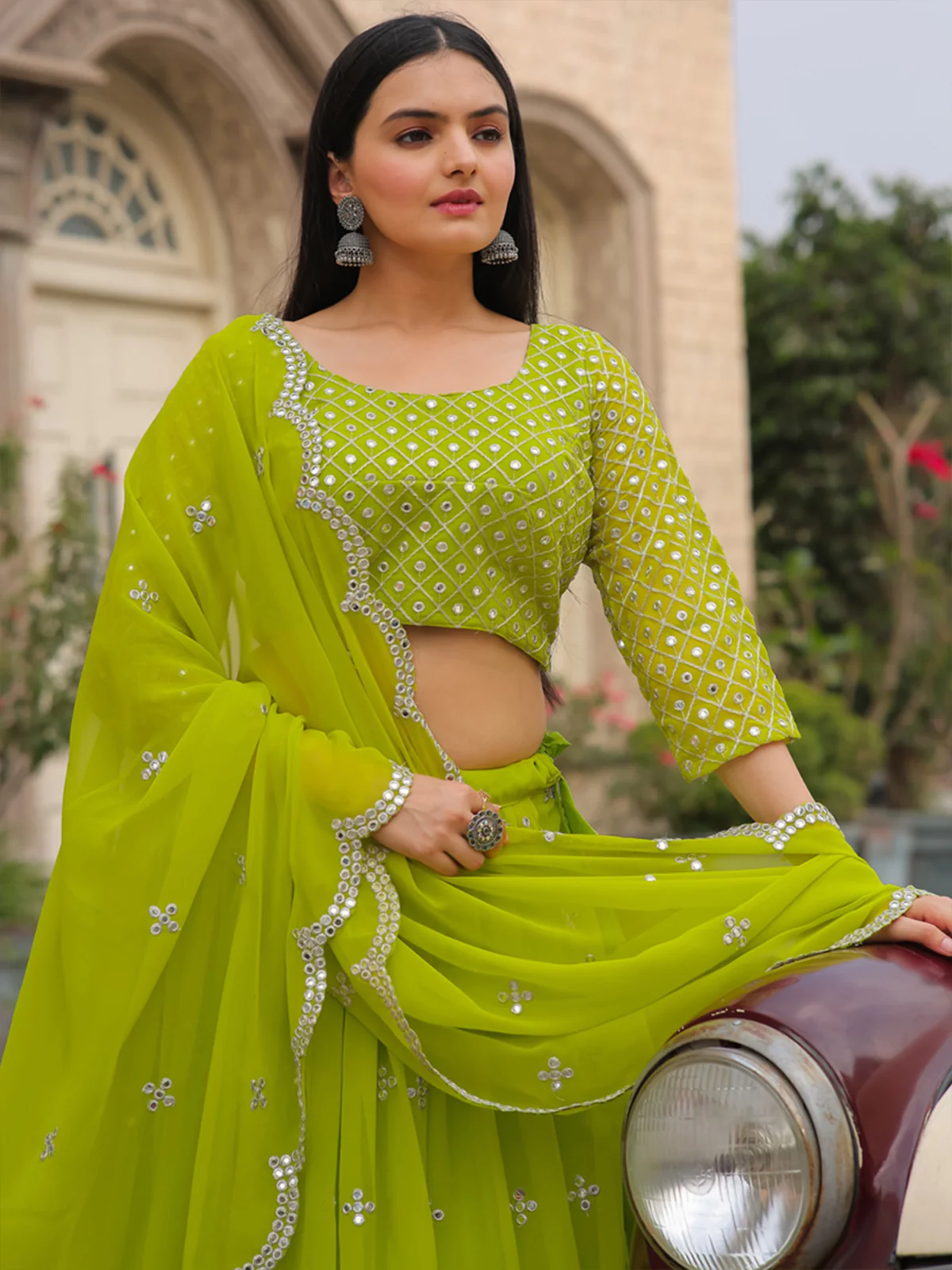 Odette Green Georgette Embellished Semi Stitched Lehenga With Unstitched Blouse For Women - Image 7