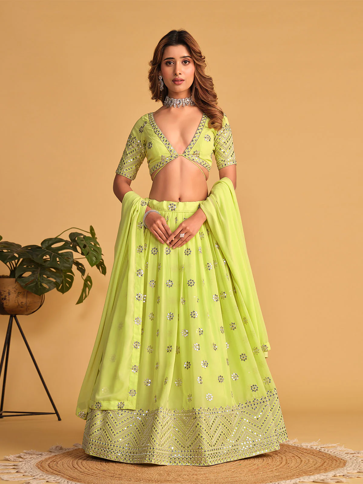 Odette Green Georgette Embellished Semi Stitched Lehenga With Unstitched Blouse For Women - Image 2