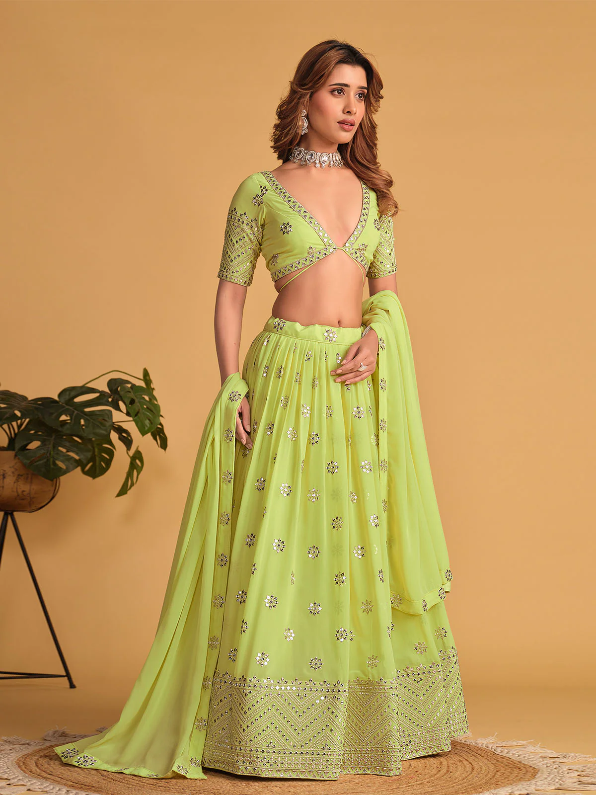 Odette Green Georgette Embellished Semi Stitched Lehenga With Unstitched Blouse For Women - Image 3