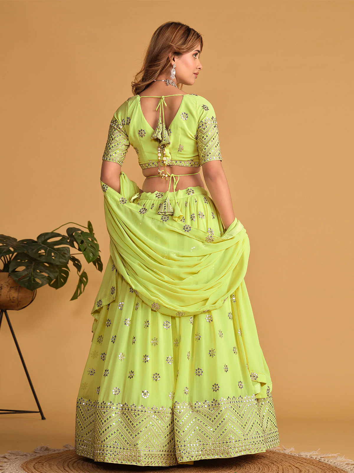 Odette Green Georgette Embellished Semi Stitched Lehenga With Unstitched Blouse For Women - Image 4