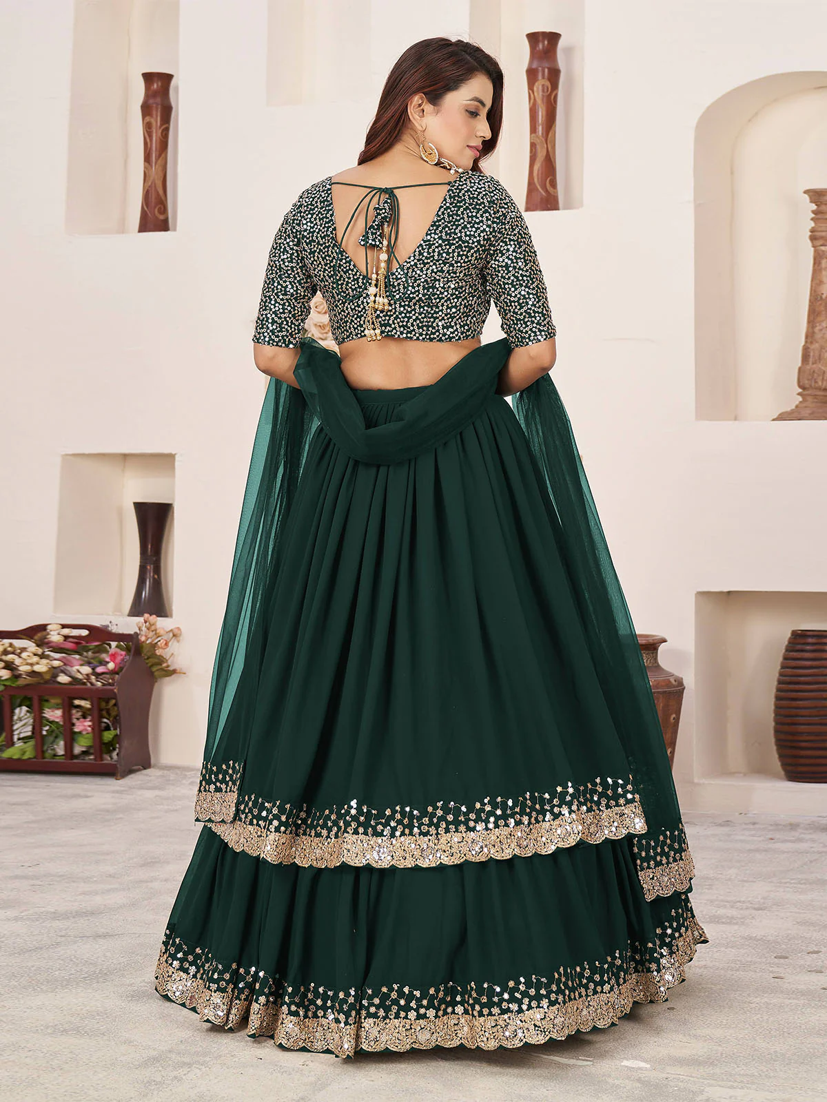 Odette Green Georgette Embellished Semi Stitched Lehenga With Unstitched Blouse For Women - Image 3