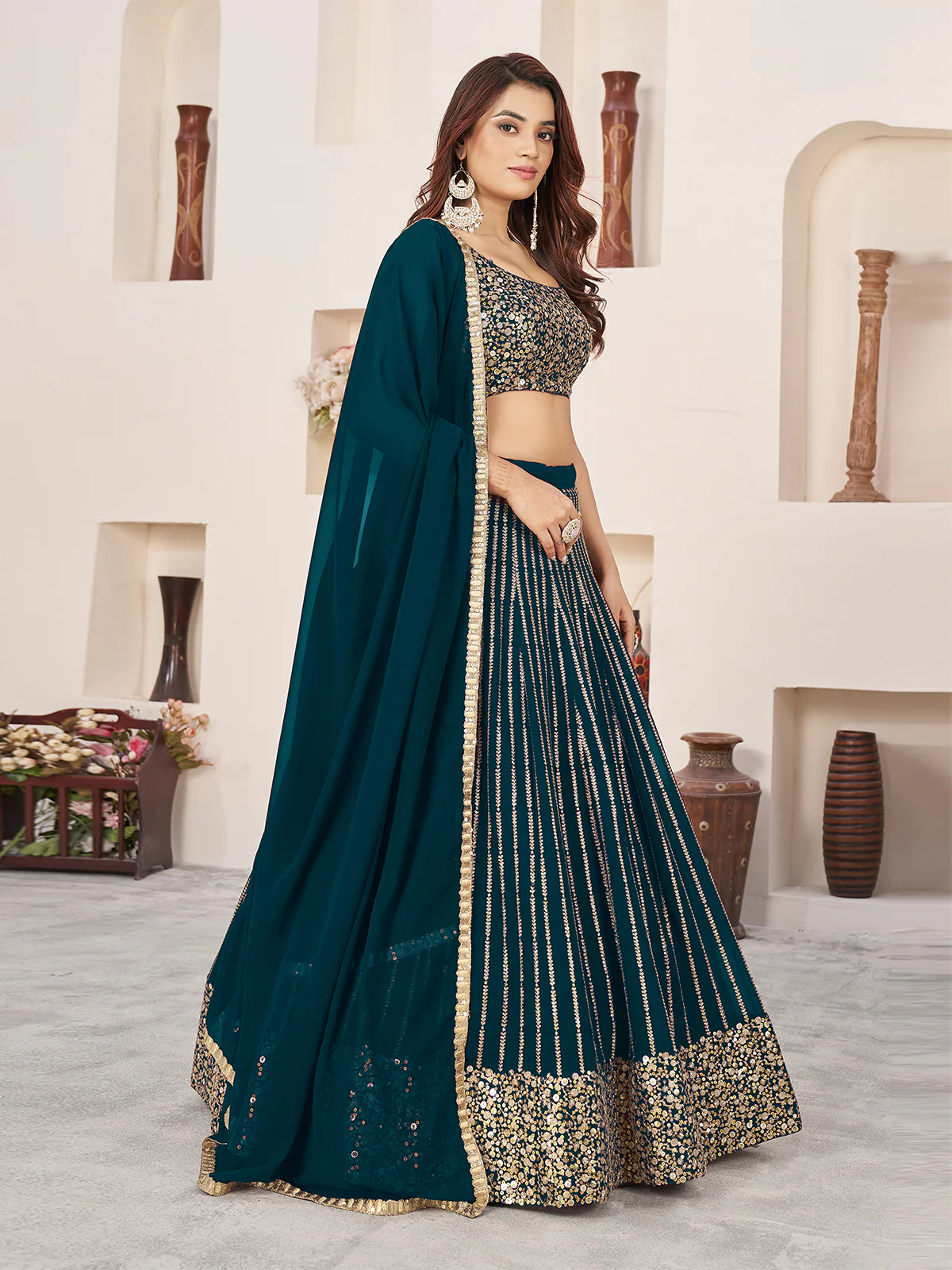 Odette Green Georgette Embellished Semi Stitched Lehenga With Unstitched Blouse For Women - Image 3