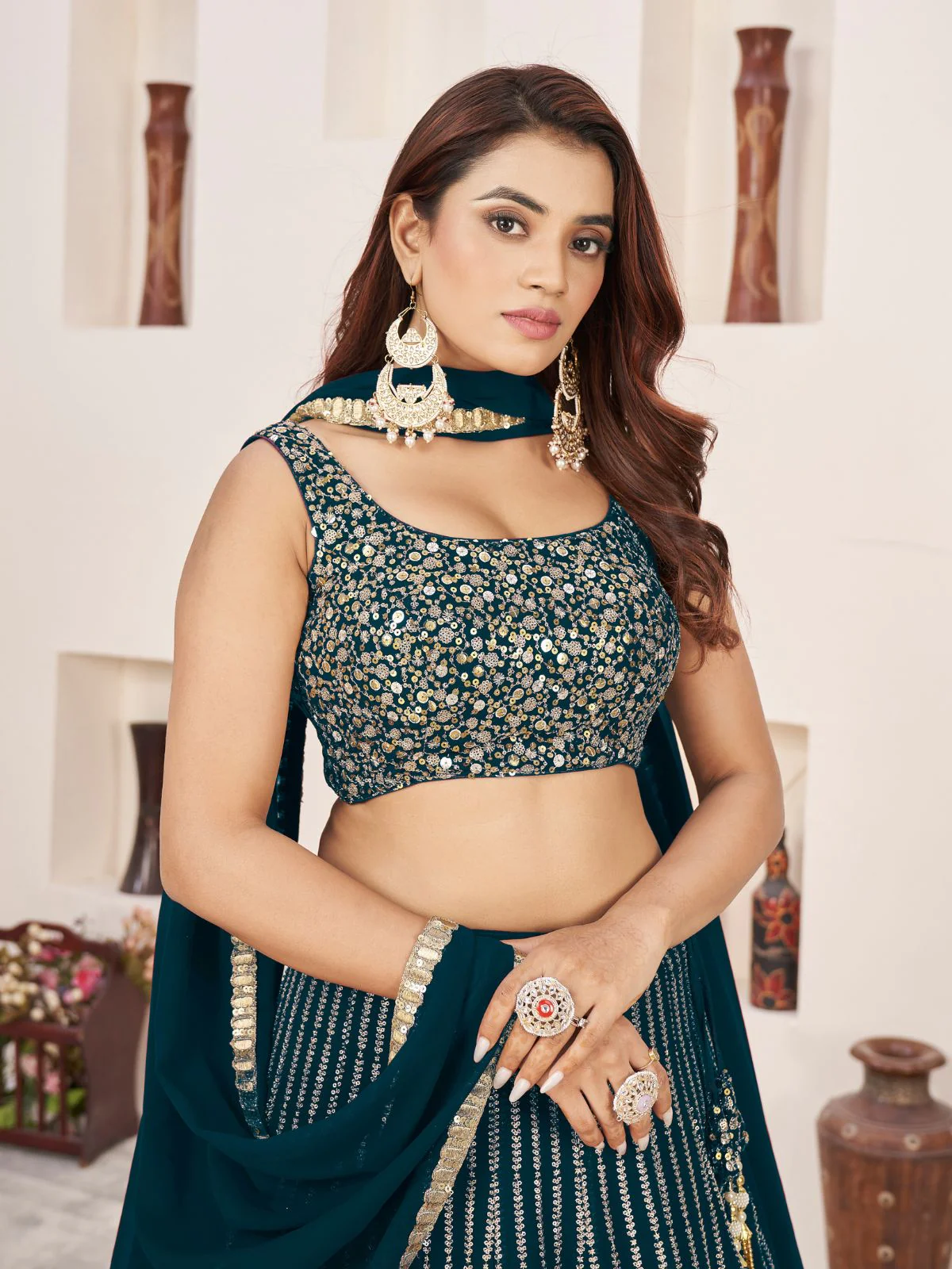 Odette Green Georgette Embellished Semi Stitched Lehenga With Unstitched Blouse For Women - Image 4